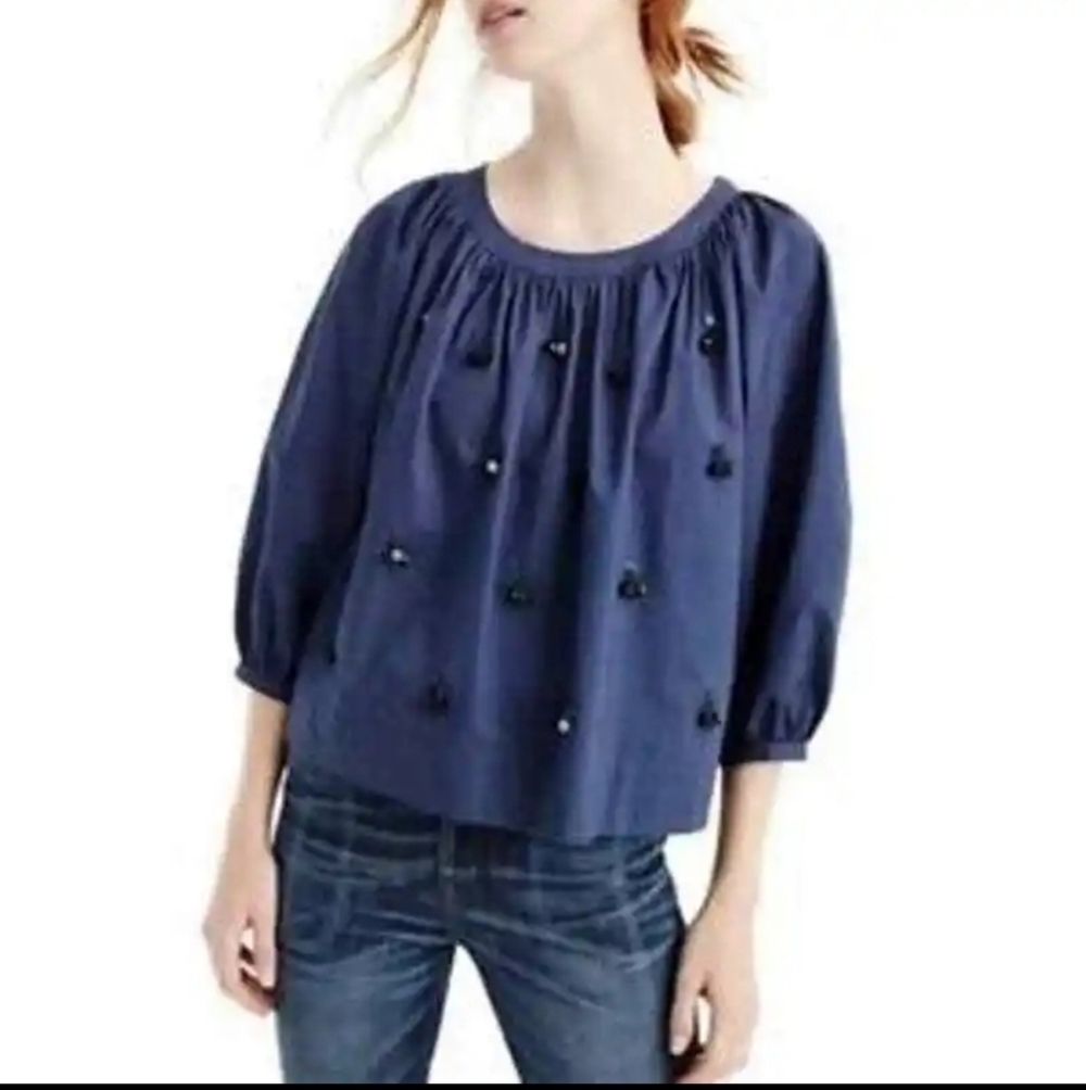 J. Crew Women's The Perfect Embellished Blouse 3/4 Sleeve Navy Blue Size S